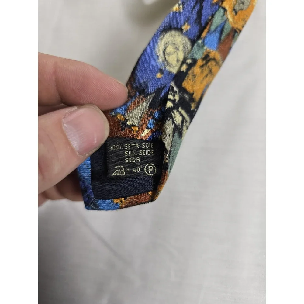 Ermenegildo‎ Zegna Tie Mens Silk Blue Yellow Abstract Art Print Necktie Colorful